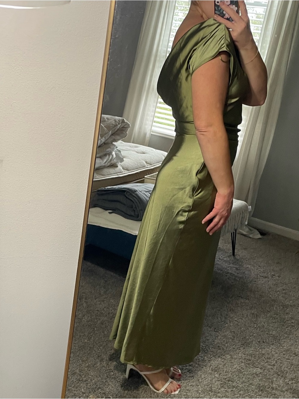 NWT Olive Green Satin Cowl Neck Midi Dress wedding guest fall wedding bridesmaid - Picture 13 of 13